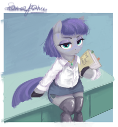 Size: 2304x2480 | Tagged: safe, artist:some_ponu, maud pie, earth pony, pony, book, clothes, female, jewelry, mare, sitting, socks, solo, thigh highs