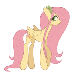 Size: 2000x2048 | Tagged: safe, artist:risswm, fluttershy, pegasus, pony, g4, alternate cutie mark, concave belly, female, flower, flower in hair, high res, long legs, long mane, looking back, mare, simple background, solo, thin, white background