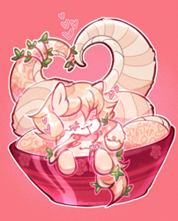 Size: 768x949 | Tagged: safe, artist:iamsmileo, oc, oc only, oc:ichordrop, oc:peach "cassiopeia" blossom, lamia, original species, snake, bindings, bowl, cuddling, duo, duo female, eyes closed, female, flower, forked tongue, heart, leaves, leaves in hair, siblings, signature, simple background, sisters, snakepony, striped tail, tail, tongue out