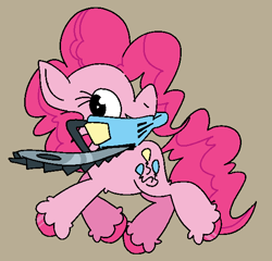 Size: 562x540 | Tagged: safe, artist:the---robbie72, pinkie pie, earth pony, pony, g4, brown background, chainsaw, female, mare, mouth hold, simple background, smiling, solo, unshorn fetlocks