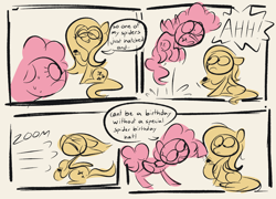 Size: 2048x1473 | Tagged: safe, artist:chocopotts, fluttershy, pinkie pie, earth pony, pegasus, pony, spider, g4, comic, dialogue, ears back, female, frown, hat, jumping, lidded eyes, mare, nervous sweat, party hat, sketch, surprised