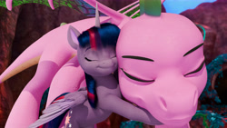 Size: 11520x6480 | Tagged: safe, artist:guillaumetroton, spike, twilight sparkle, alicorn, dragon, pony, g5, my little pony: make your mark, 3d, absurd file size, absurd resolution, duo, duo male and female, eyes closed, female, hug, male, mare, older, older spike, reunion, spike (g5), twilight sparkle (alicorn)