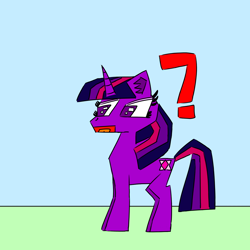 Size: 1500x1500 | Tagged: safe, artist:icycrymelon, twilight sparkle, pony, unicorn, g4, blue background, confused, horn, open mouth, question mark, simple background, solo, standing
