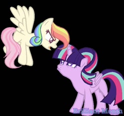 Size: 568x534 | Tagged: safe, artist:brilliantmonth, oc, oc only, alicorn, pegasus, 2017, black background, duo, duo female, female, looking at each other, looking at someone, magical lesbian spawn, offspring, parent:fluttershy, parent:rainbow dash, parent:starlight glimmer, parent:twilight sparkle, parents:flutterdash, parents:twistarlight, simple background