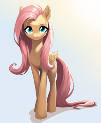 Size: 2159x2608 | Tagged: safe, artist:sierraex, fluttershy, pegasus, pony, g4, eyebrows, female, full body, gradient background, high res, long legs, long tail, mare, solo, tail