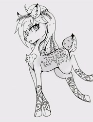 Size: 2926x3822 | Tagged: safe, artist:hysteriana, oc, oc:evening lake, deer, deer pony, hybrid, original species, chest fluff, deer oc, deerified, ear fluff, female, fluffy tail, hair accessory, hooves, long legs, magic, non-pony oc, ornament, patch, pattern, pigtails, short tail, simple background, sketch, solo, species swap, spots, spotted, tail, traditional art, white background