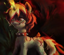 Size: 2125x1798 | Tagged: safe, artist:rvsd, oc, oc only, bird, duck, pony, unicorn, abstract background, collar, horn, magic, riding, riding a pony, scar, sharp teeth, smiling, solo, spiked collar, teeth
