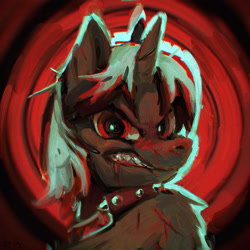 Size: 1920x1920 | Tagged: safe, artist:rvsd, oc, oc only, pony, unicorn, abstract background, blood, collar, horn, male, scar, sharp teeth, solo, spiked collar, stallion, teeth