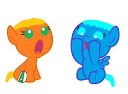 Size: 2472x1816 | Tagged: safe, artist:memeartboi, earth pony, pegasus, pony, baby, baby pony, brothers, clothes, colt, darwin watterson, duo, duo male, foal, funny face, gumball watterson, happy, male, open mouth, ponified, sibling, sibling bonding, sibling love, siblings, simple background, small wings, socks, surprised, the amazing world of gumball, white background, wings, younger