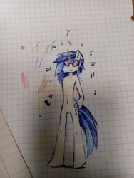 Size: 960x1280 | Tagged: safe, artist:fizzy cloud, dj pon-3, vinyl scratch, human, pony, unicorn, g4, bipedal, graph paper, horn, humanized, irl, music notes, paper, photo, solo, traditional art