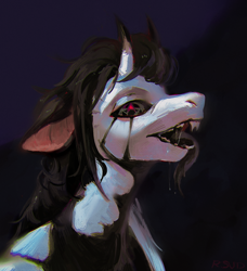 Size: 1763x1930 | Tagged: safe, artist:rvsd, oc, oc only, original species, pony, abstract background, commission, curved horn, fangs, horn, horns, licking, licking lips, long tongue, looking at you, male, pentagram, solo, stallion, tongue out, unusual pupils