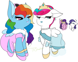 Size: 4386x3490 | Tagged: safe, artist:tkshoelace, pipp petals, rainbow dash, rarity, zipp storm, pegasus, pony, unicorn, g4, g5, annoyed, clothes, crown, dress, ear fluff, ear piercing, earring, floppy ears, folded wings, high heels, horn, jewelry, laughing, lipstick, makeover, makeup, piercing, regalia, shoes, sunglasses, wings