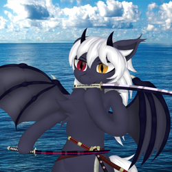 Size: 4000x4000 | Tagged: safe, artist:twinky, oc, oc only, bat pony, semi-anthro, bat wings, belly, belly button, chest fluff, ear fluff, heterochromia, horns, katana, mouth hold, ocean, one piece, solo, spread wings, sword, water, weapon, wings