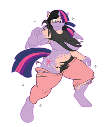 Size: 886x1017 | Tagged: safe, artist:robertge, twilight sparkle, alicorn, human, anthro, unguligrade anthro, g4, black hair, breasts, clothes, disappearing clothes, female, glasses, human to anthro, light skin, mid-transformation, pants, shirt, simple background, sparkles, transformation, twilight sparkle (alicorn), underwear, white background