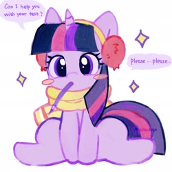 Size: 2048x2048 | Tagged: safe, artist:azhiichigo, twilight sparkle, pony, unicorn, blushing, clothes, earmuffs, female, horn, looking at you, mare, mouth hold, scarf, simple background, sitting, solo, sparkles, speech bubble, spread legs, spreading, white background