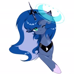 Size: 2048x2048 | Tagged: safe, artist:zhongye47342, princess luna, alicorn, pony, bust, female, looking at you, magic, mare, one eye closed, portrait, simple background, solo, white background