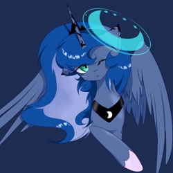 Size: 2048x2048 | Tagged: safe, alternate version, artist:zhongye47342, princess luna, alicorn, pony, g4, blue background, bust, dark blue background, female, looking at you, magic, mare, one eye closed, portrait, simple background, solo, spread wings, wings