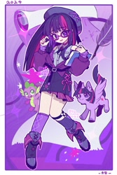 Size: 1200x1800 | Tagged: safe, artist:tamari, spike, twilight sparkle, alicorn, dragon, human, pony, g4, abstract background, belt, boots, clothes, female, glasses, hat, humanized, jacket, mare, parchment, quill, self paradox, self ponidox, shoes, skirt, smiling, socks, sparkle, text, twilight sparkle (alicorn)