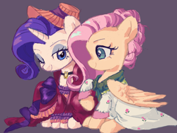 Size: 2160x1620 | Tagged: safe, artist:qiuhu17819, fluttershy, rarity, pegasus, pony, unicorn, clothes, dress, female, hat, horn, jewelry, mare, necklace, one eye closed, purple background, raised hoof, simple background, sitting, smiling