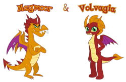 Size: 3381x2212 | Tagged: source needed, safe, anonymous artist, oc, oc only, oc:magmoor, oc:volvagia, dragon, g4, brother, brother and sister, closed mouth, crossed arms, description is relevant, dragoness, duo, duo male and female, eyebrows, eyelashes, eyes open, family, female, freckles, hand on hip, happy, high res, horn, implied incest, incest, looking, looking at you, looking back, looking back at you, male, name, nostrils, offspring, parent:garble, parent:smolder, parents:smolble, product of incest, show accurate, siblings, simple background, sister, smiling, smiling at you, spread wings, standing, story included, symbol, teeth, text, transparent background, twins, vector, wall of tags, wings