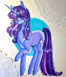 Size: 1750x2048 | Tagged: safe, artist:dollbunnie, twilight sparkle, pony, unicorn, g4, abstract background, female, horn, mare, solo, starry eyes, traditional art, unicorn twilight, wingding eyes