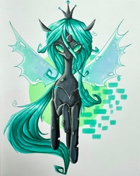 Size: 1630x2048 | Tagged: safe, alternate version, artist:dollbunnie, queen chrysalis, changeling, changeling queen, pony, g4, abstract background, female, mare, slit pupils, solo, traditional art