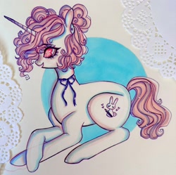 Size: 2048x2042 | Tagged: safe, artist:dollbunnie, oc, oc only, oc:dollie, pony, unicorn, abstract background, female, horn, lying down, mare, prone, traditional art