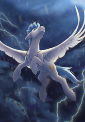Size: 1668x2388 | Tagged: safe, artist:dorkmark, oc, oc only, pegasus, pony, belly, flying, from below, hooves, lightning, male, muscles, rain, round belly, solo, stallion, sternocleidomastoid