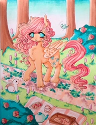 Size: 1582x2048 | Tagged: safe, artist:dollbunnie, angel bunny, fluttershy, bird, pegasus, pony, rabbit, g4, animal, bread, chest fluff, cookie, female, flower, food, forest, male, mare, nature, picnic, picnic blanket, rose, traditional art, tree, unshorn fetlocks