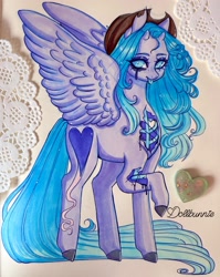 Size: 1628x2048 | Tagged: safe, artist:dollbunnie, oc, oc only, pegasus, pony, black tears, bone, commission, cowboy hat, female, freckles, hat, horns, mare, solo, spread wings, tongue out, torn ear, traditional art, wings