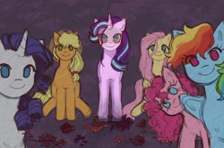 Size: 2048x1363 | Tagged: safe, artist:m4ycrowave, applejack, fluttershy, pinkie pie, rainbow dash, rarity, starlight glimmer, earth pony, pegasus, pony, unicorn, g4, abstract background, alternate universe, applejack's hat, bloodshot eyes, cowboy hat, creepy, creepy smile, female, flower, hat, horn, infected, mare, mlp infection, sitting, smiling