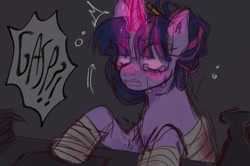 Size: 2048x1363 | Tagged: safe, artist:m4ycrowave, twilight sparkle, alicorn, pony, g4, alternate universe, bandage, crying, dialogue, female, glasses, magic, mare, mlp infection, pencil, solo, speech bubble, waking up, wingless