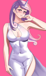 Size: 800x1297 | Tagged: safe, artist:tzc, fleur-de-lis, human, g4, belly button, blushing, boob window, breasts, busty fleur-de-lis, cleavage, female, horn, horned humanization, humanized, pink background, simple background, solo