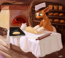 Size: 3840x3400 | Tagged: safe, artist:winpuss, oc, oc only, earth pony, pony, baking, bread, chef's hat, commission, dough, food, hat, kneading, male, oven, rolling pin, solo, stallion