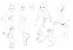 Size: 3852x2650 | Tagged: safe, artist:winpuss, oc, oc only, earth pony, merpony, pony, bipedal, black and white, female, grayscale, mare, monochrome, simple background, sketch, sketch dump, white background