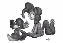 Size: 3852x2650 | Tagged: safe, artist:winpuss, pinkie pie, dinosaur, earth pony, pony, yoshi, g4, black and white, crossover, duo, female, grayscale, mare, monochrome, simple background, sitting, super mario bros., white background