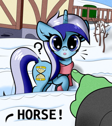 Size: 1777x2000 | Tagged: safe, artist:scandianon, minuette, oc, oc:anon, human, pony, unicorn, booties, clothes, confused, confusion, dialogue, emanata, female, horn, human male, looking at you, male, mare, outdoors, pointing, scarf, snow, winter