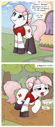 Size: 2396x5529 | Tagged: safe, artist:whiskeypanda, nurse redheart, earth pony, pony, g4, /mlp/, 2 panel comic, armband, blushing, clothes, comic, confident, drawthread, drool, exercise, exhausted, female, forest, hairband, haruno sakura, house, jacket, naruto, nature, open mouth, outdoors, panting, running, socks, solo, speech bubble, sunny day, sweat, talking to herself, tree