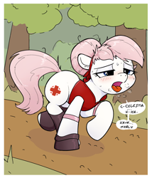 Size: 2396x2801 | Tagged: safe, alternate version, artist:whiskeypanda, derpibooru exclusive, nurse redheart, earth pony, pony, g4, /mlp/, armband, blushing, breath, clothes, comic, cropped, drawthread, drool, exercise, exhausted, female, forest, hairband, haruno sakura, jacket, naruto, nature, open mouth, outdoors, panting, running, socks, solo, speech bubble, sunny day, sweat, talking to herself, tree