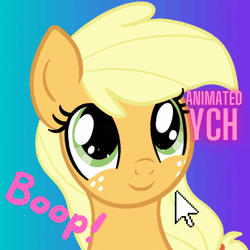Size: 1080x1080 | Tagged: safe, artist:lannielona, applejack, earth pony, pony, advertisement, animated, boop, bust, click, commission, cursor, eye shimmer, female, freckles, gradient background, mare, portrait, solo, sparkly eyes, wingding eyes, your character here