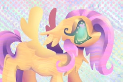 Size: 4096x2731 | Tagged: safe, artist:larvaecandy, fluttershy, pegasus, pony, g4, chest fluff, colored sclera, cutie mark eyes, ear fluff, eyelashes, eyeshadow, female, floppy ears, green sclera, high res, lidded eyes, lineless, makeup, mare, no mouth, patterned background, pink mane, pink tail, profile, solo, spread wings, standing, tail, teal eyes, wingding eyes, wings, yellow coat