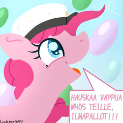 Size: 1300x1300 | Tagged: safe, artist:lindasaurie, derpibooru exclusive, pinkie pie, earth pony, pony, g4, balloon, female, finland, finnish, graduation cap, happy, hat, holiday, lineless, looking up, mare, open mouth, signature, sky background, solo, speech bubble, talking to objects, text, that pony sure does love balloons, vappu