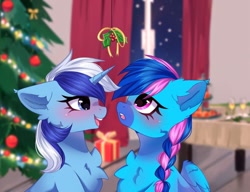 Size: 1280x984 | Tagged: safe, artist:arllistar, minuette, oc, oc:laser shine, pegasus, pony, unicorn, g4, blushing, braid, braided ponytail, canon x oc, chest fluff, christmas, christmas tree, commission, duo, duo female, ear fluff, facial markings, female, holiday, holly, holly mistaken for mistletoe, horn, lesbian, mare, mealy mouth (coat marking), ponytail, present, table, tree, unshorn fetlocks, ych result