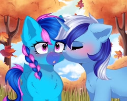 Size: 1280x1017 | Tagged: safe, artist:arllistar, minuette, oc, oc:laser shine, pegasus, pony, unicorn, g4, autumn, blushing, braid, braided ponytail, canon x oc, cheek kiss, commission, duo, duo female, ear fluff, facial markings, falling leaves, female, grass, horn, kissing, leaves, lesbian, mare, mealy mouth (coat marking), ponytail, unshorn fetlocks, ych result