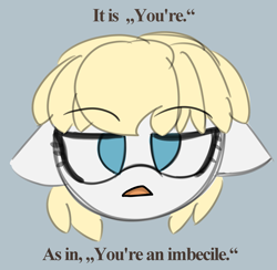 Size: 2175x2125 | Tagged: safe, artist:allhallowsboon, oc, oc only, oc:full stop, earth pony, pony, bangs, blue eyes, disapproval, disembodied head, ears back, english, female, female focus, looking at you, mare, png, solo, solo female, solo focus, talking to viewer, text, yellow mane