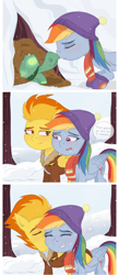 Size: 2160x4936 | Tagged: safe, artist:raincrash, rainbow dash, spitfire, tank, pegasus, pony, g4, tanks for the memories, clothes, crying, female, kissing, lesbian, scarf, ship:spitdash, shipping, snow, snowfall, support, tears of joy, tree