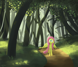 Size: 2122x1819 | Tagged: safe, artist:horselamp, fluttershy, pegasus, g4, crepuscular rays, forest, nature, solo, tree
