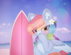 Size: 4096x3185 | Tagged: safe, artist:sodapop sprays, rainbow dash, pegasus, pony, alternate hairstyle, beach, blushing, chest fluff, ear fluff, ear piercing, earring, flower, flower in hair, hawaii, jewelry, looking at you, ocean, photo, piercing, solo, surfboard, water