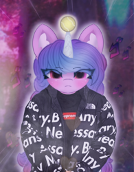 Size: 4096x5264 | Tagged: safe, artist:sodapop sprays, izzy moonbow, oc, pony, unicorn, g5, ball, clothes, ear fluff, eye clipping through hair, forest, goku drip, horn, hornball, izzy's tennis ball, jacket, looking at you, meme, nature, rizzy moonbow, solo, supreme, tennis ball, tree