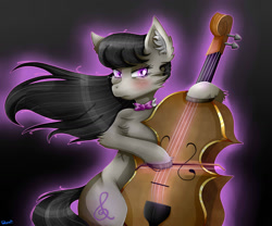 Size: 1280x1067 | Tagged: safe, artist:starblossom15, octavia melody, earth pony, pony, semi-anthro, g4, bipedal, blushing, bow (instrument), bowtie, cello, cello bow, colored hooves, colored pinnae, crying, eyebrows, eyebrows visible through hair, eyelashes, female, flowing mane, fluffy, gradient background, hoof hold, hoof polish, lidded eyes, looking at something, mare, musical instrument, outline, shiny hooves, signature, solo
